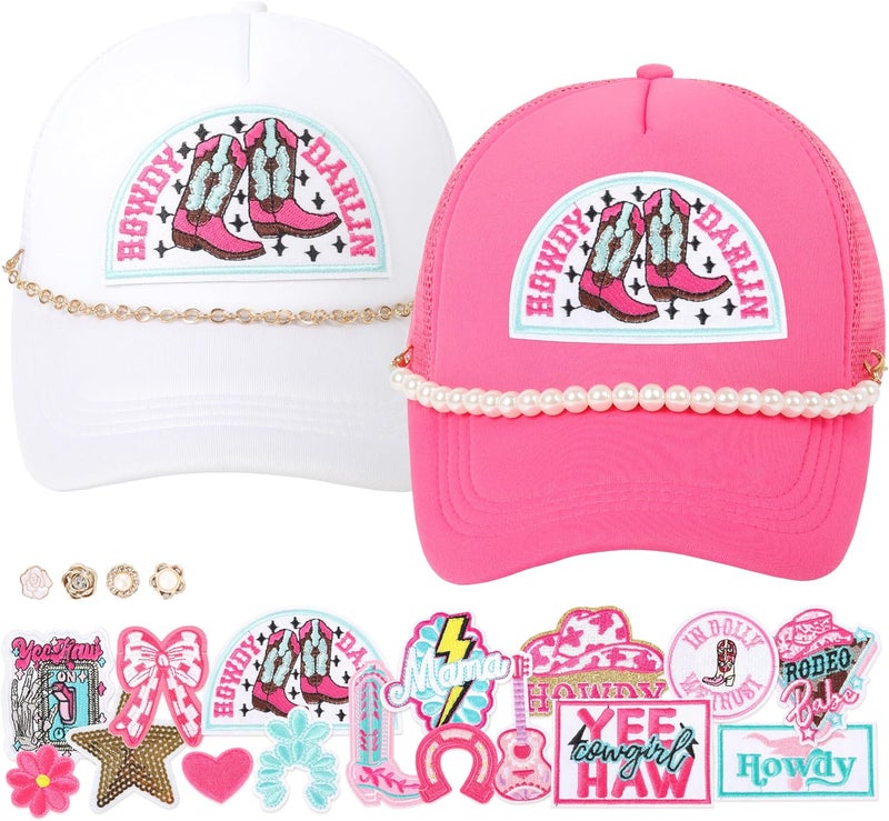 Meneng Women Trucker Hat Bulk: Western Adjustable Snapback Caps - Cowgirl DIY Hat Kit with Chains & Embroidered Patches - Image 1